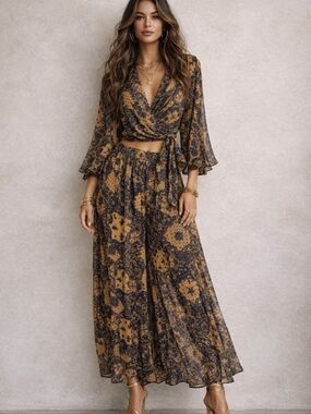 Storia Two Piece Outfit Wrap Crop Top Wide Leg Pants Pleated Matching Set Sz S